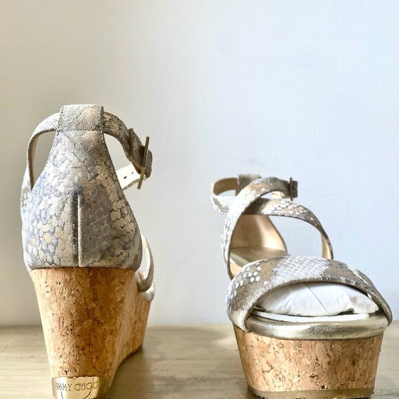 Jimmy Choo Portia Metallic Sandals Wedge Metallic Snake Print Size 39 Pre-Owned - Picture 5 of 6